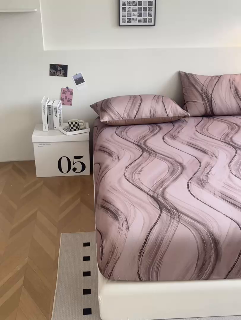 91家纺网 家纺一手货源 找家纺 慕梵家居2025新款100%全棉磨毛单床笠 几何咖