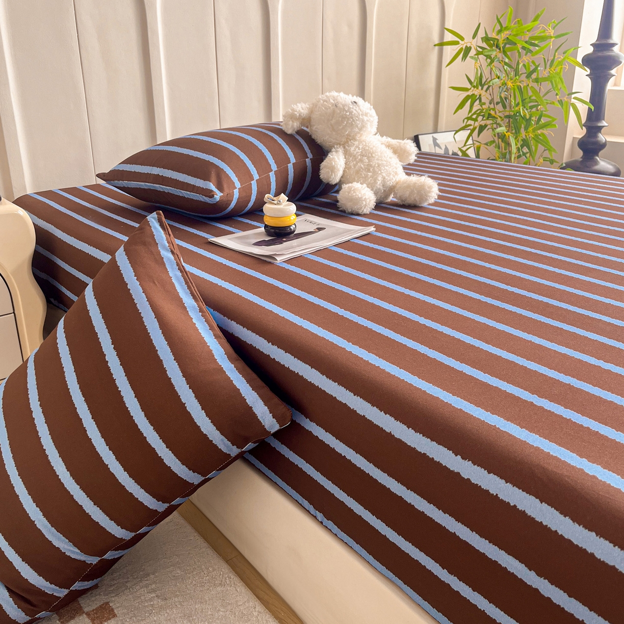 91家纺网 家纺一手货源 找家纺 慕梵家居2025新款100%全棉磨毛单床笠 律动咖