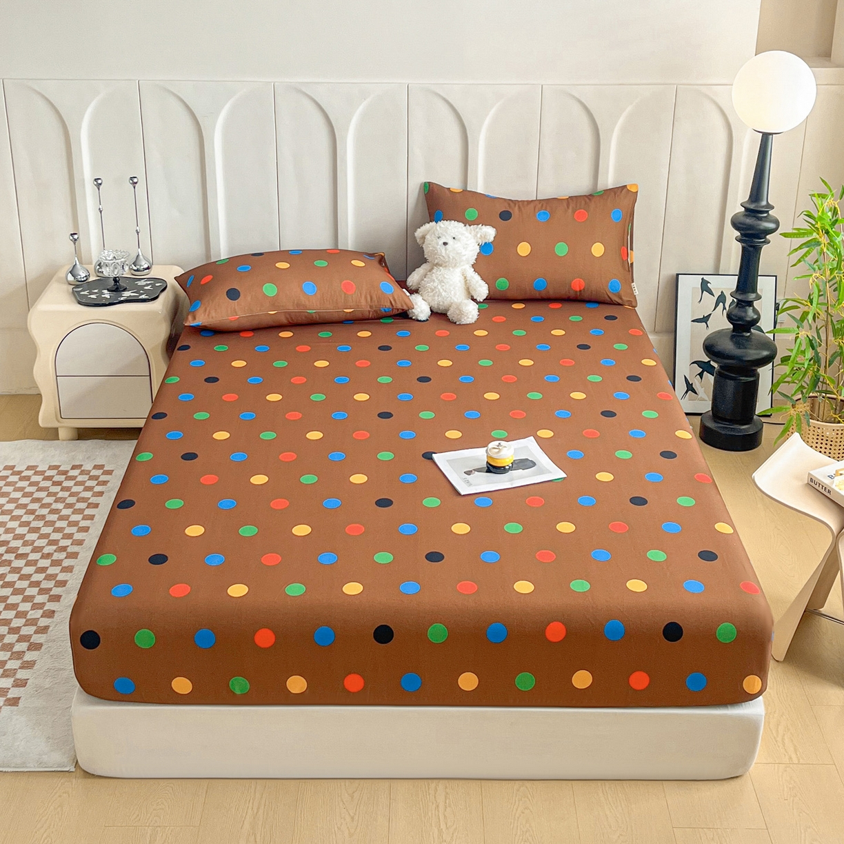 91家纺网 家纺一手货源 找家纺 慕梵家居2025新款100%全棉磨毛单床笠 七彩波点