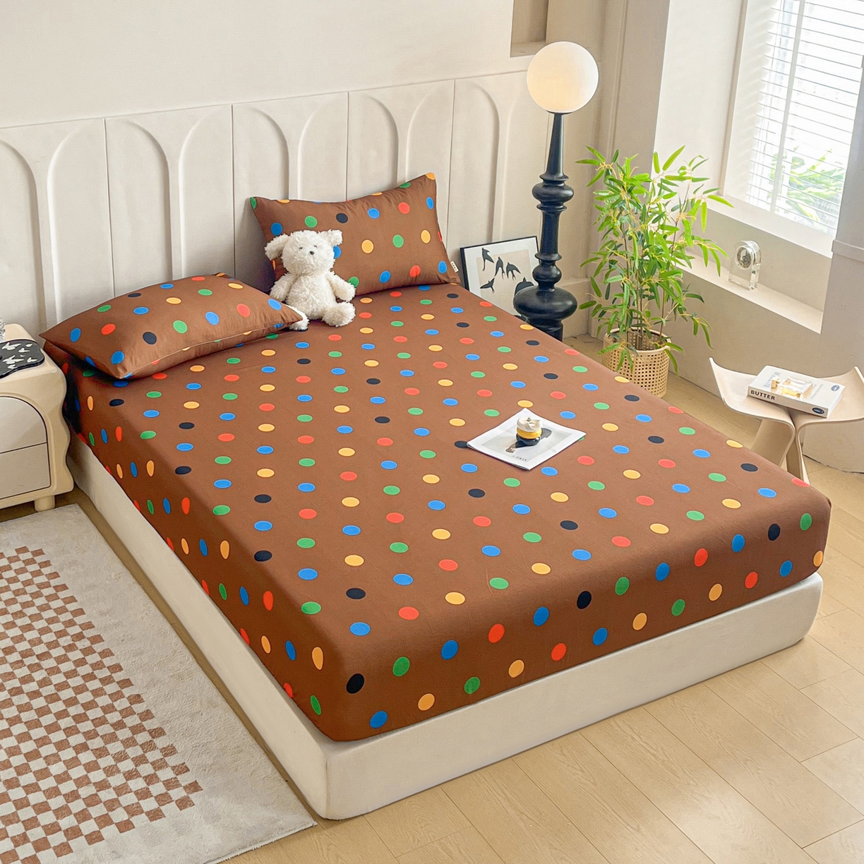 91家纺网 家纺一手货源 找家纺 慕梵家居2025新款100%全棉磨毛单床笠 七彩波点