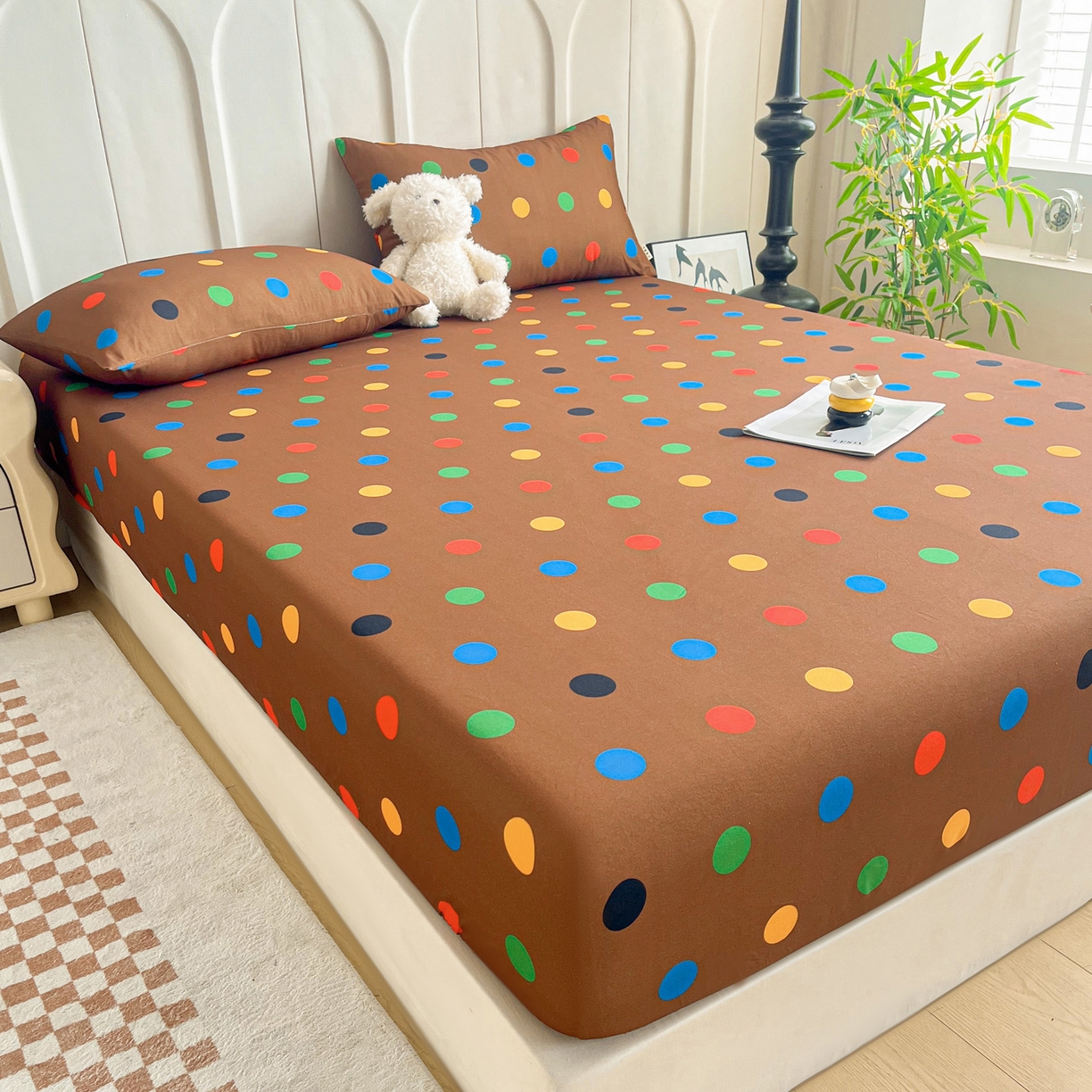 91家纺网 家纺一手货源 找家纺 慕梵家居2025新款100%全棉磨毛单床笠 七彩波点