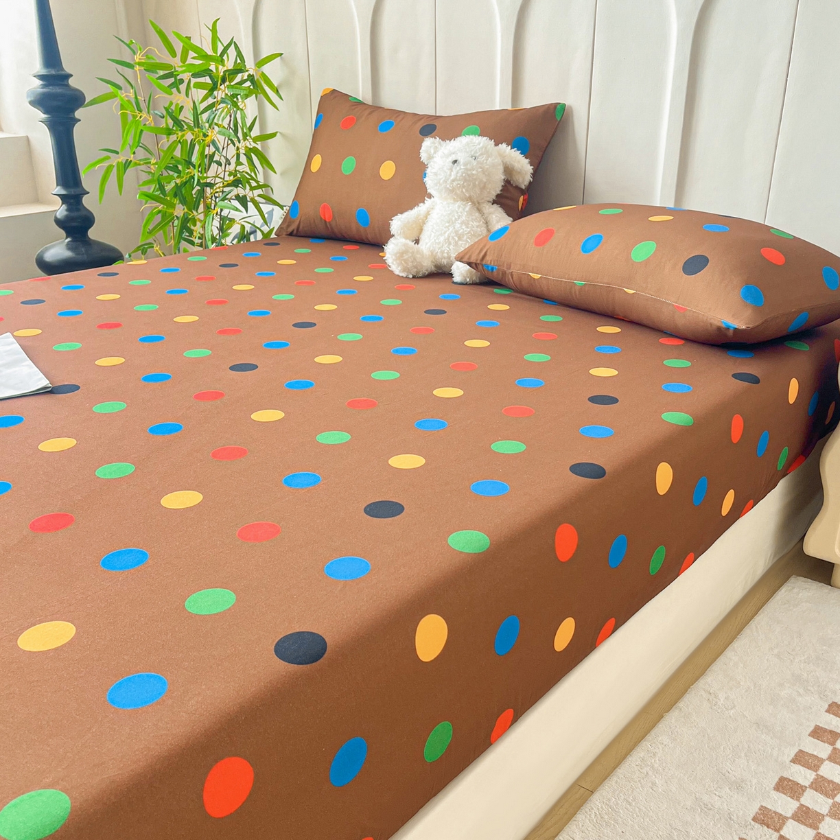 91家纺网 家纺一手货源 找家纺 慕梵家居2025新款100%全棉磨毛单床笠 七彩波点