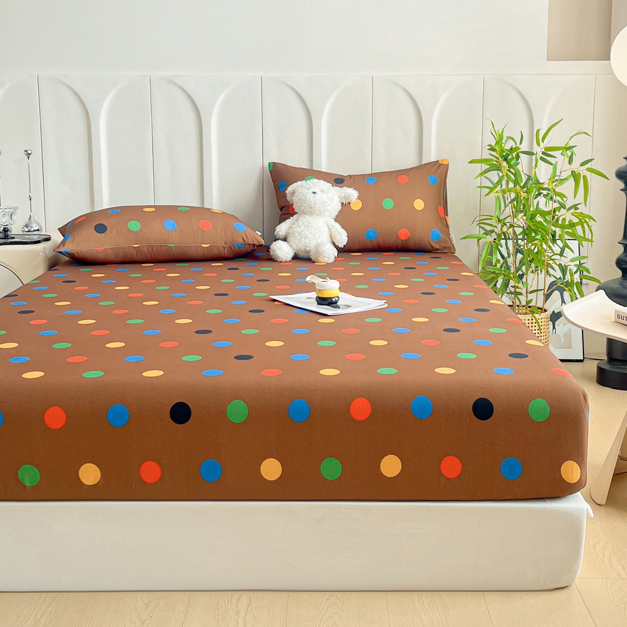 91家纺网 家纺一手货源 找家纺 慕梵家居2025新款100%全棉磨毛单床笠 七彩波点