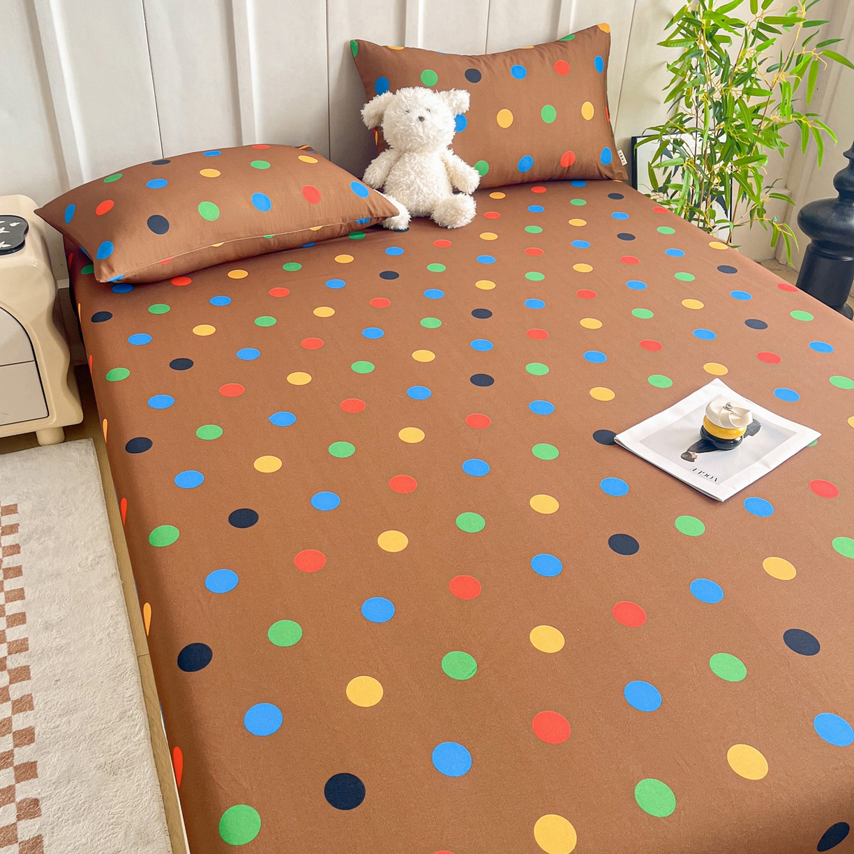 91家纺网 家纺一手货源 找家纺 慕梵家居2025新款100%全棉磨毛单床笠 七彩波点