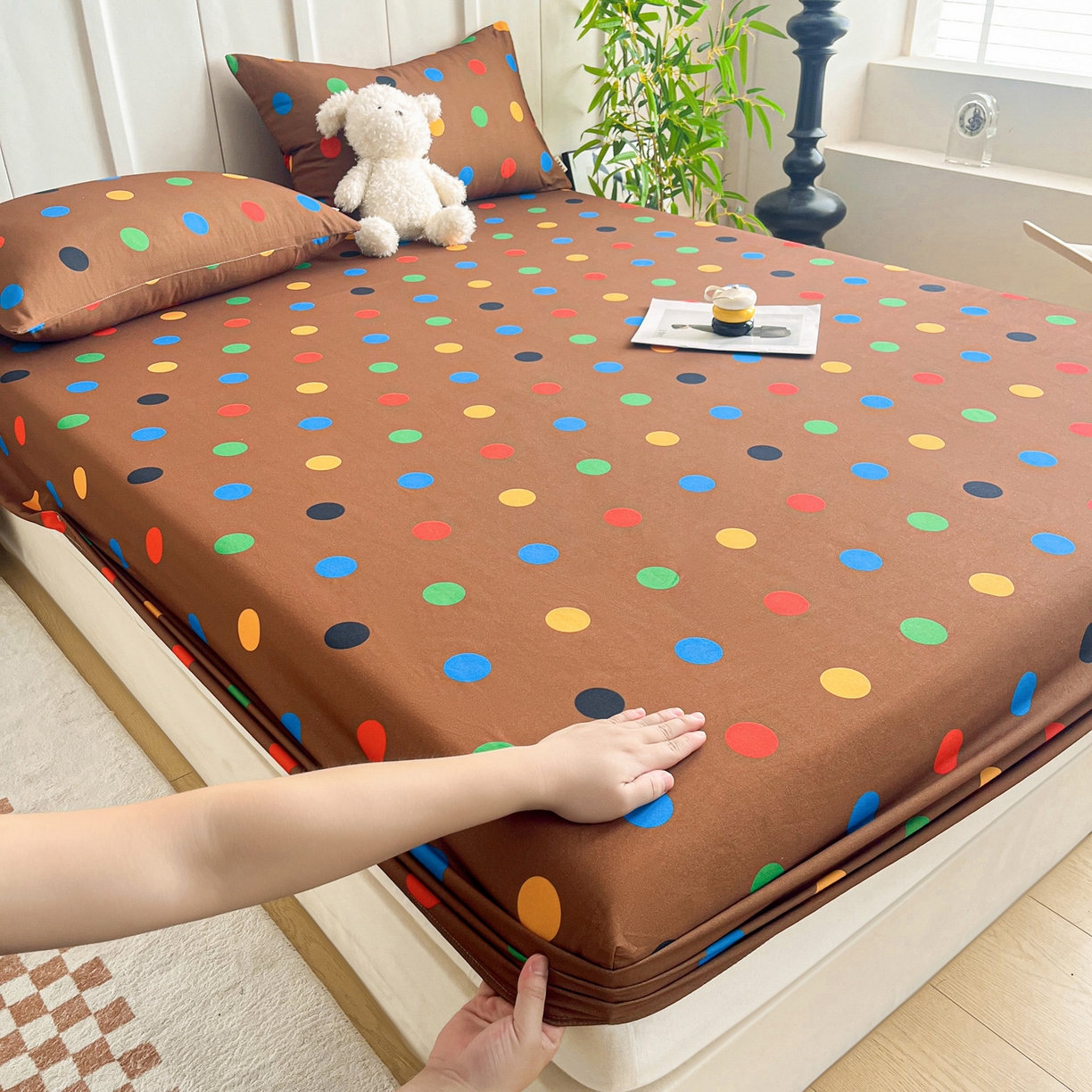 91家纺网 家纺一手货源 找家纺 慕梵家居2025新款100%全棉磨毛单床笠 七彩波点