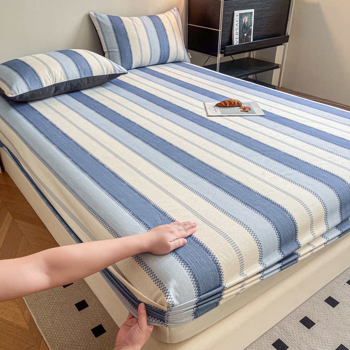 91家纺网 家纺一手货源 找家纺 慕梵家居2025新款100%全棉磨毛单床笠 晴空