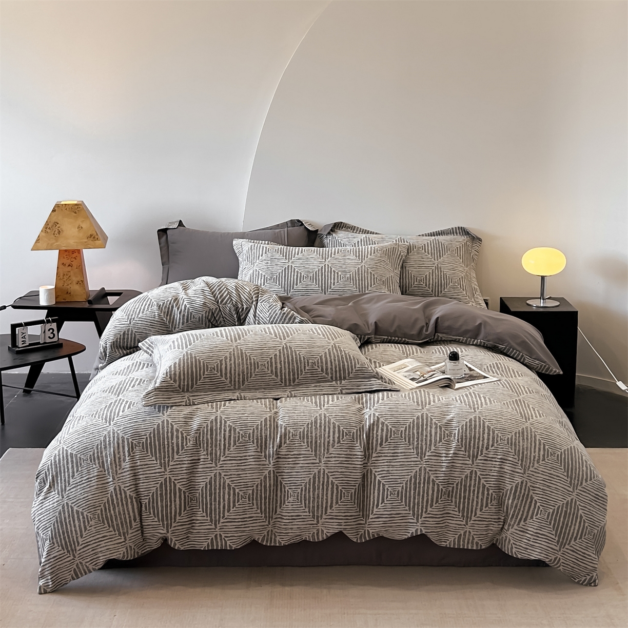 锦彩家居 2025新款A类60支全棉色织提花四件套 几何菱形-灰色