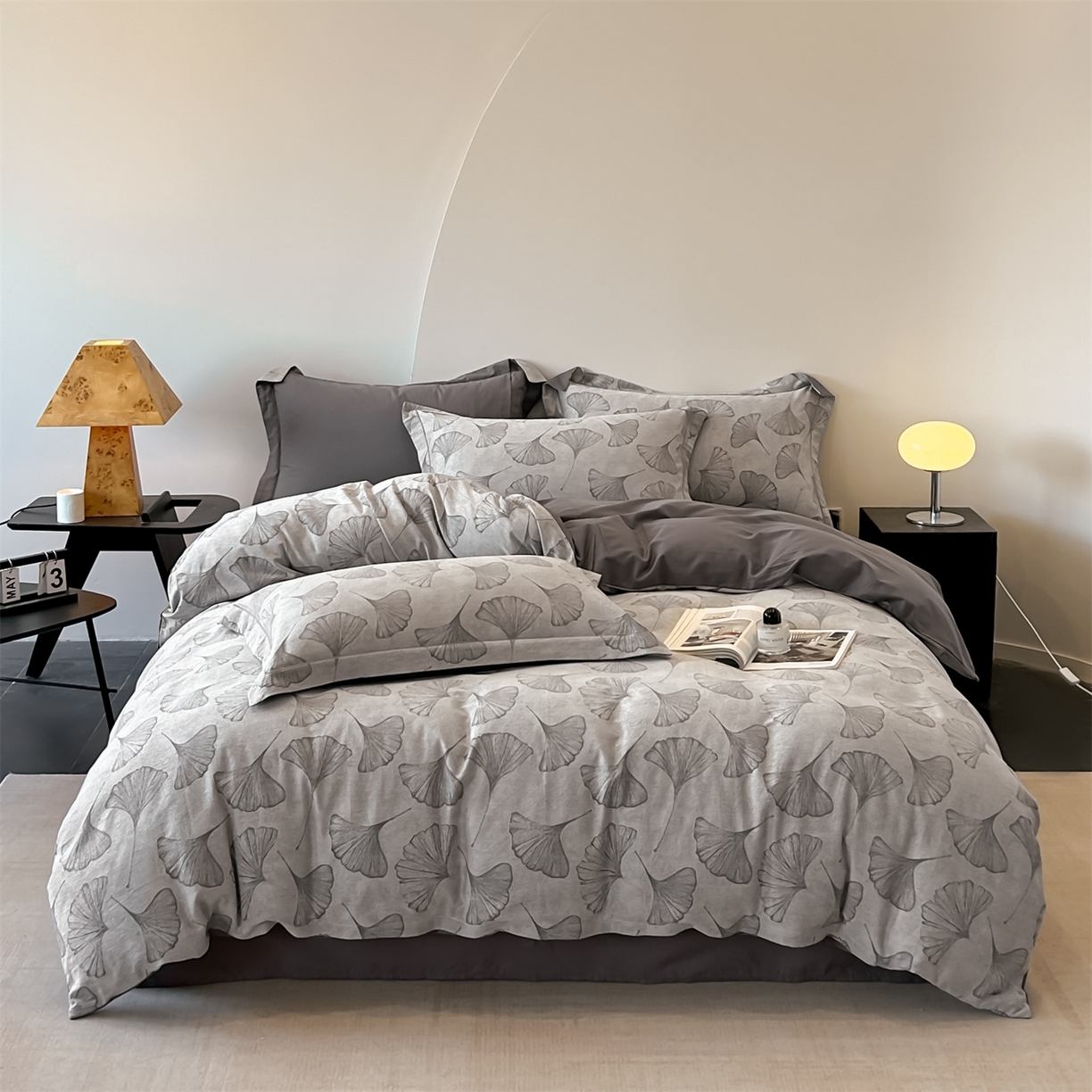 锦彩家居 2025新款A类60支全棉色织提花四件套 银杏叶-灰色