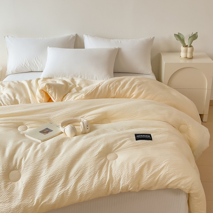 91家纺网 家纺一手货源 找家纺 宝士康家纺 2025新款10A抗菌泡泡棉大豆冬被米黄