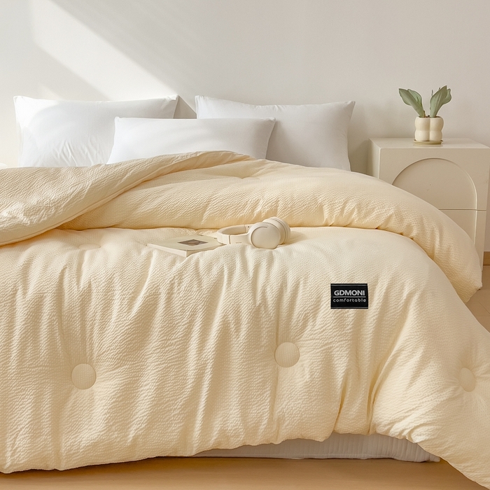 91家纺网 家纺一手货源 找家纺 宝士康家纺 2025新款10A抗菌泡泡棉大豆冬被米黄