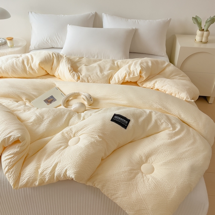 91家纺网 家纺一手货源 找家纺 宝士康家纺 2025新款10A抗菌泡泡棉大豆冬被米黄