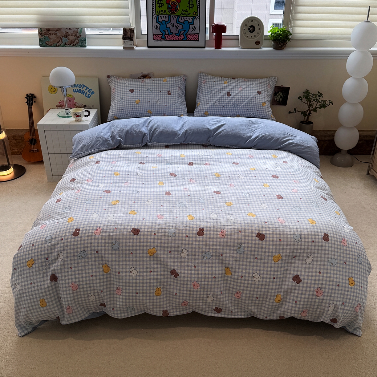 91家纺网 家纺一手货源 找家纺 水墨江南 2025新款高克重云感双层纱印花四件套-场景二 萌萌兔