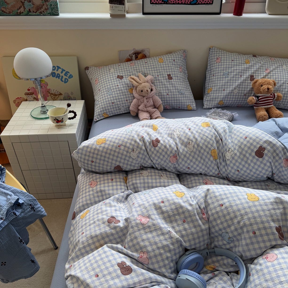 91家纺网 家纺一手货源 找家纺 水墨江南 2025新款高克重云感双层纱印花四件套-场景二 萌萌兔