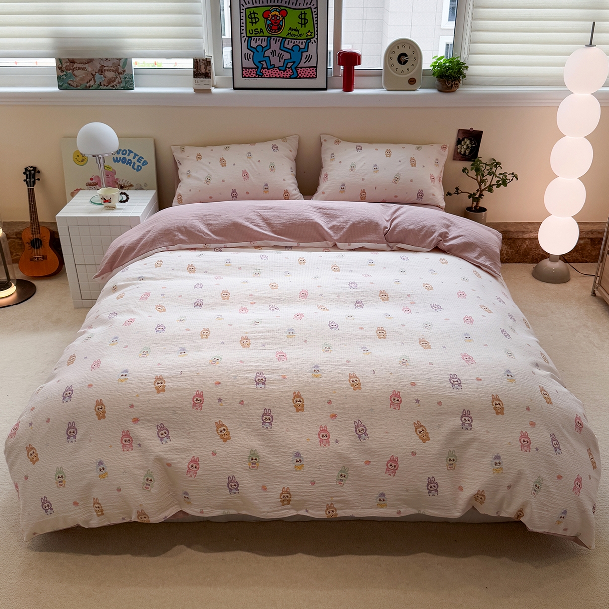 91家纺网 家纺一手货源 找家纺 水墨江南 2025新款高克重云感双层纱印花四件套-场景二 快乐布布