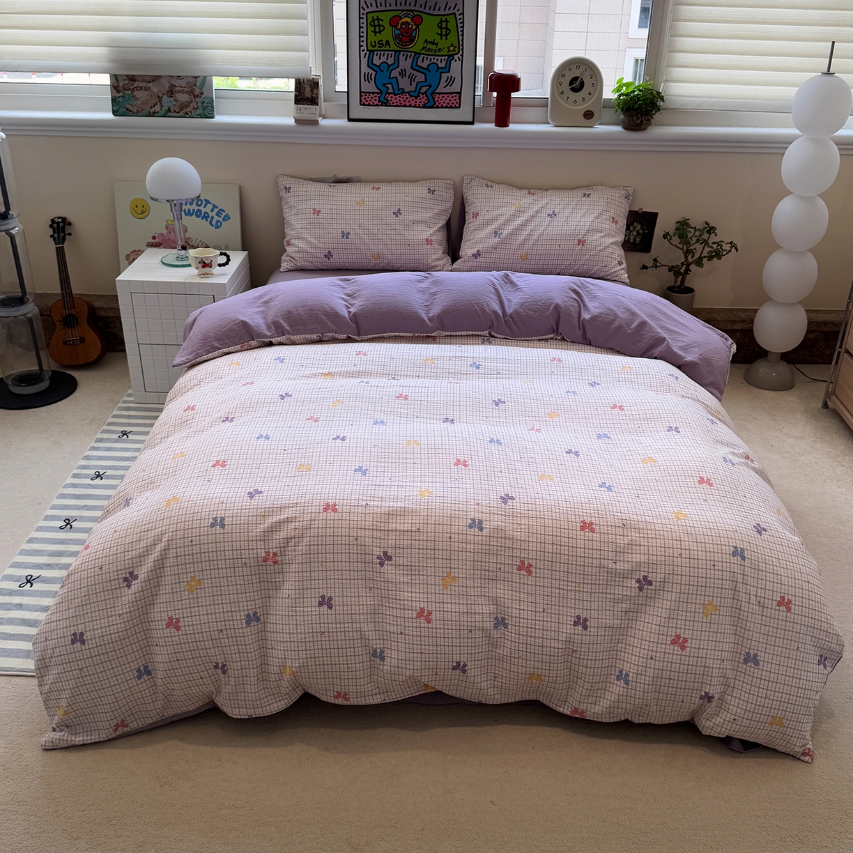 91家纺网 家纺一手货源 找家纺 水墨江南 2025新款高克重云感双层纱印花四件套-场景二 多彩蝴蝶结