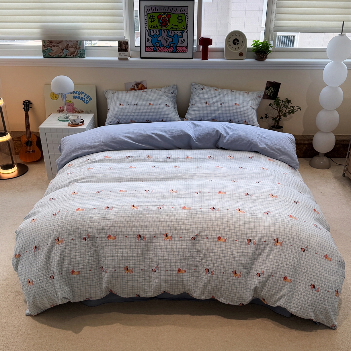 91家纺网 家纺一手货源 找家纺 水墨江南 2025新款高克重云感双层纱印花四件套-场景二 快乐小狗