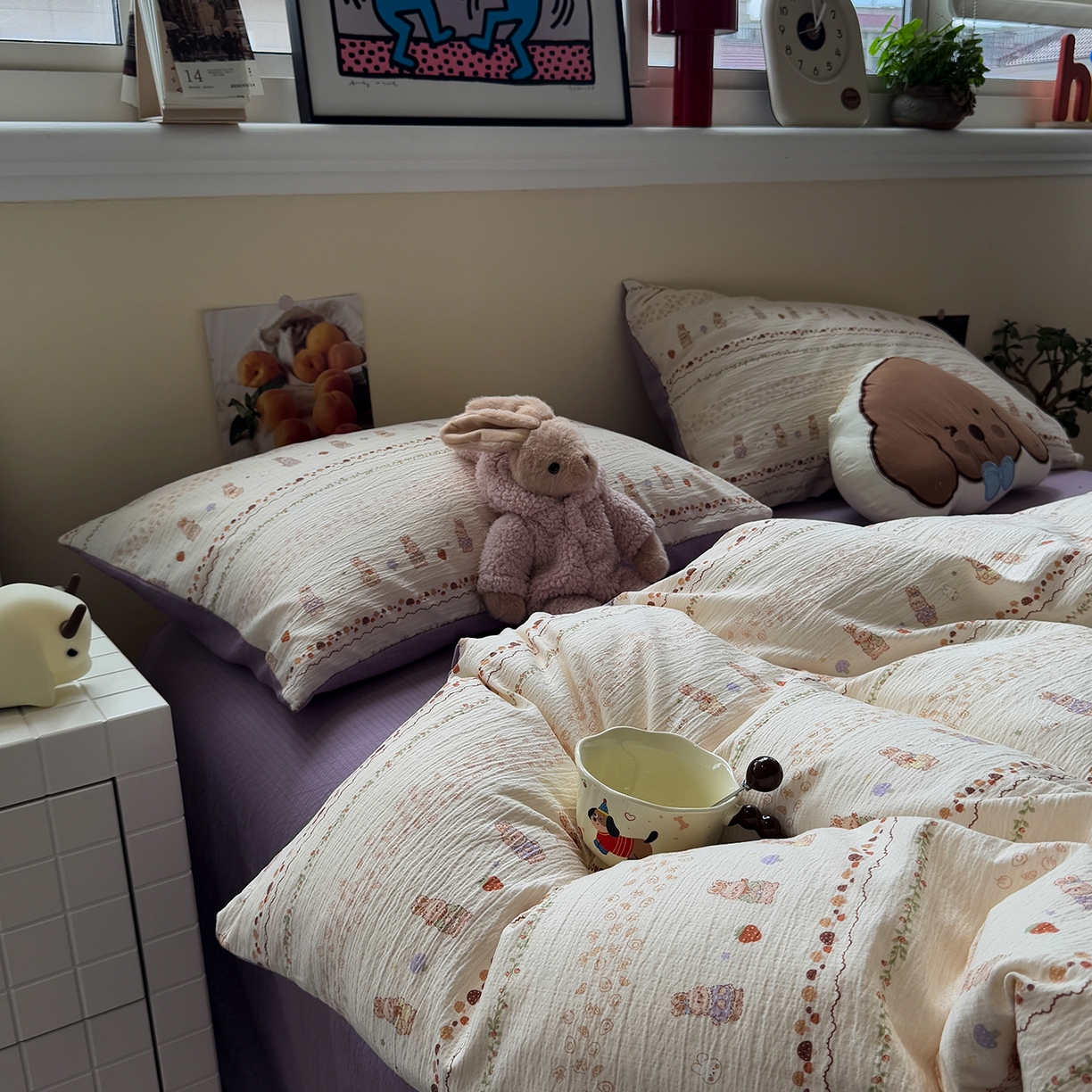 91家纺网 家纺一手货源 找家纺 水墨江南 2025新款高克重云感双层纱印花四件套-场景二 快乐小兔