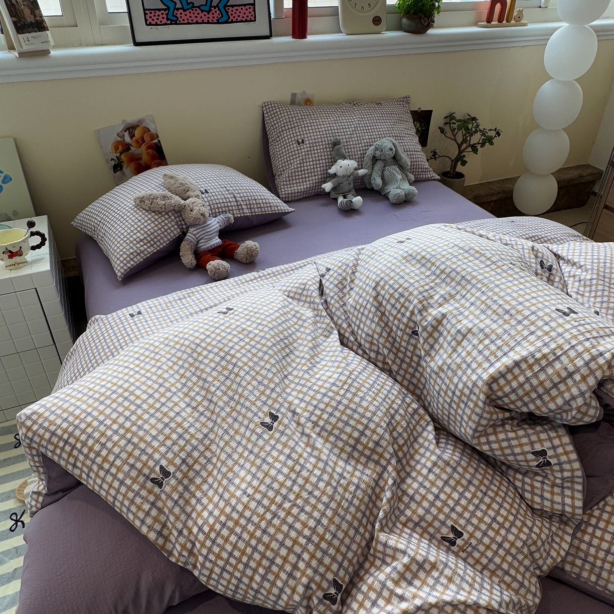 91家纺网 家纺一手货源 找家纺 水墨江南 2025新款高克重云感双层纱印花四件套-场景二 可爱蝴蝶结