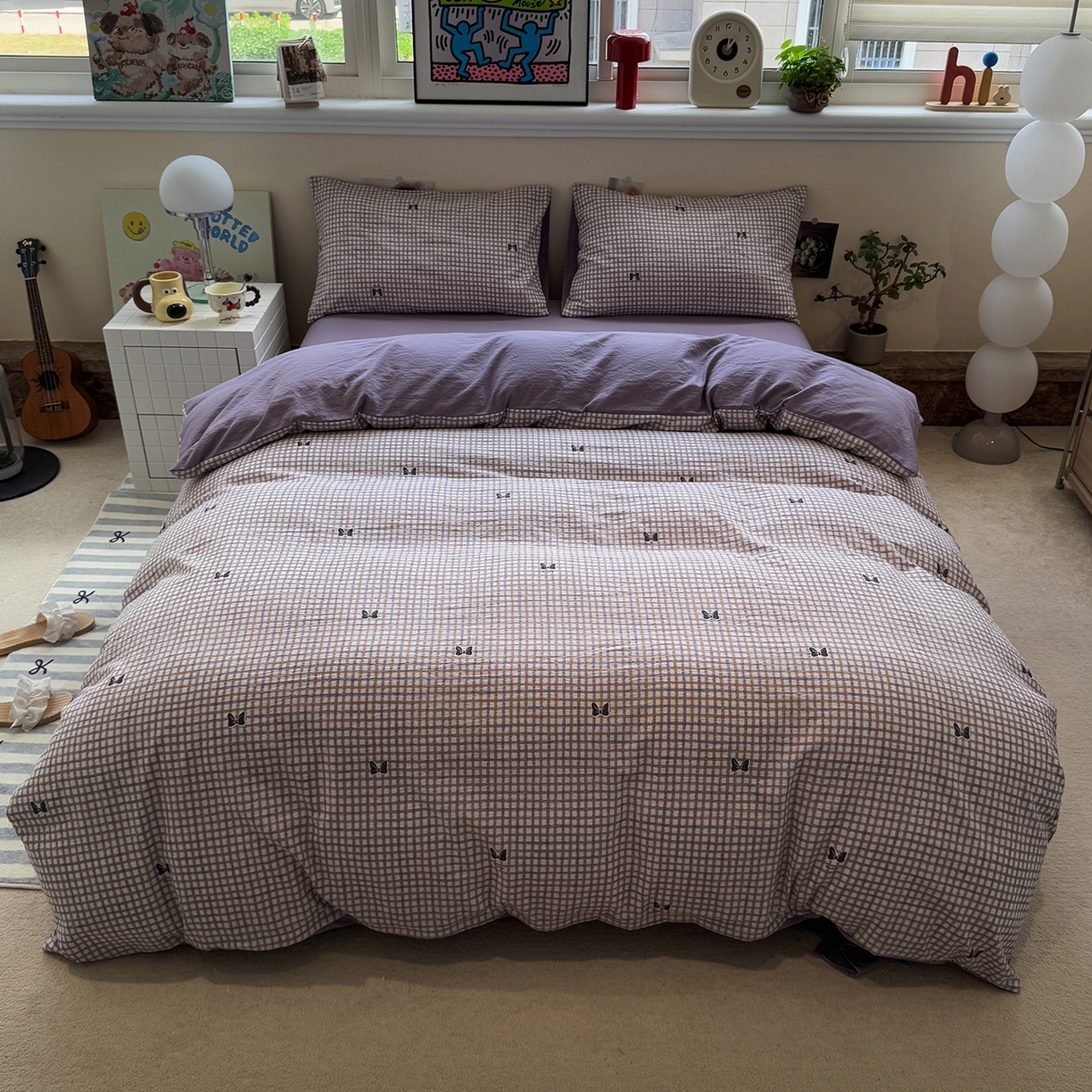 91家纺网 家纺一手货源 找家纺 水墨江南 2025新款高克重云感双层纱印花四件套-场景二 可爱蝴蝶结