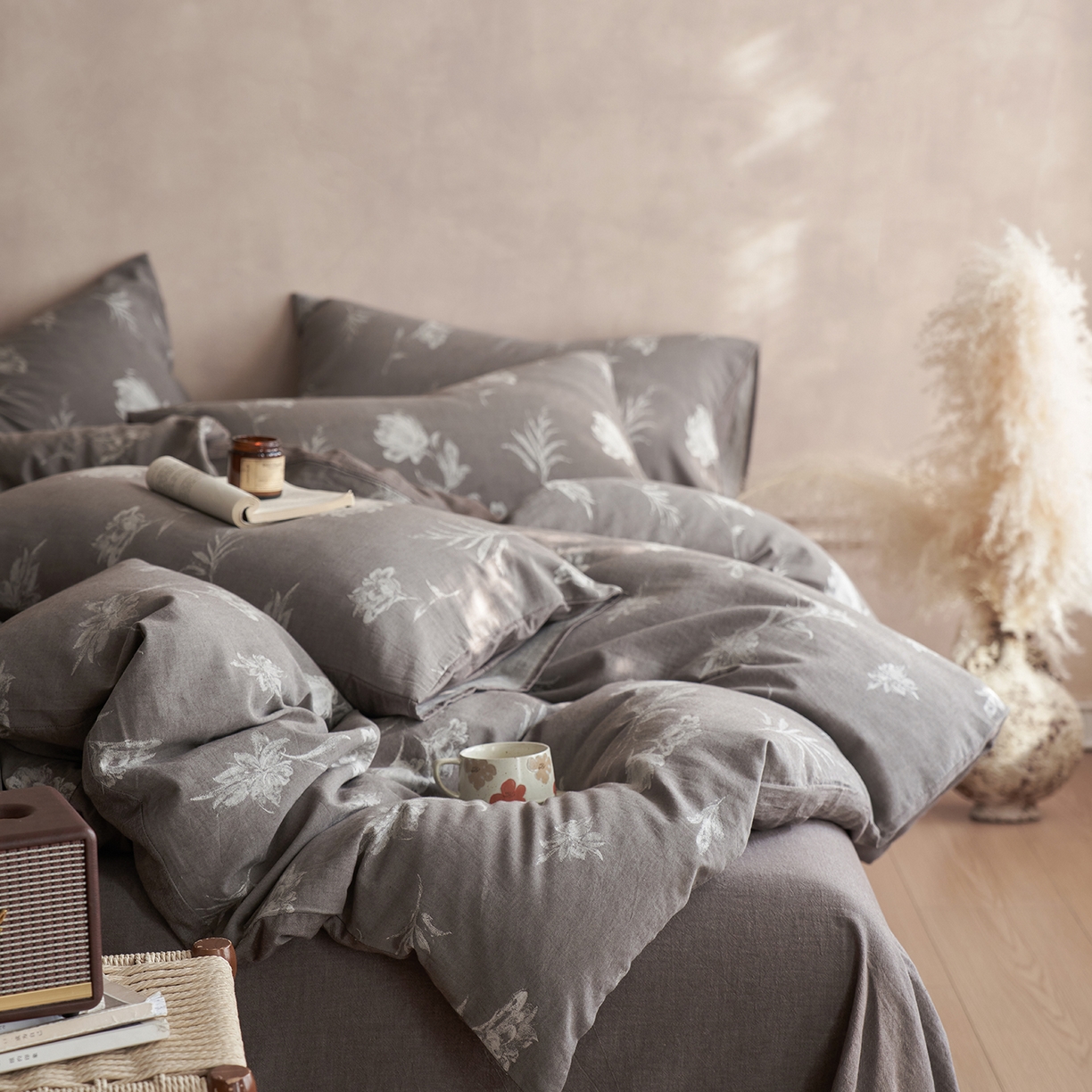 91家纺网 家纺一手货源 找家纺 清雅福 2025新款A类全棉水洗色织大提花四件套 薄雾玫瑰-灰咖