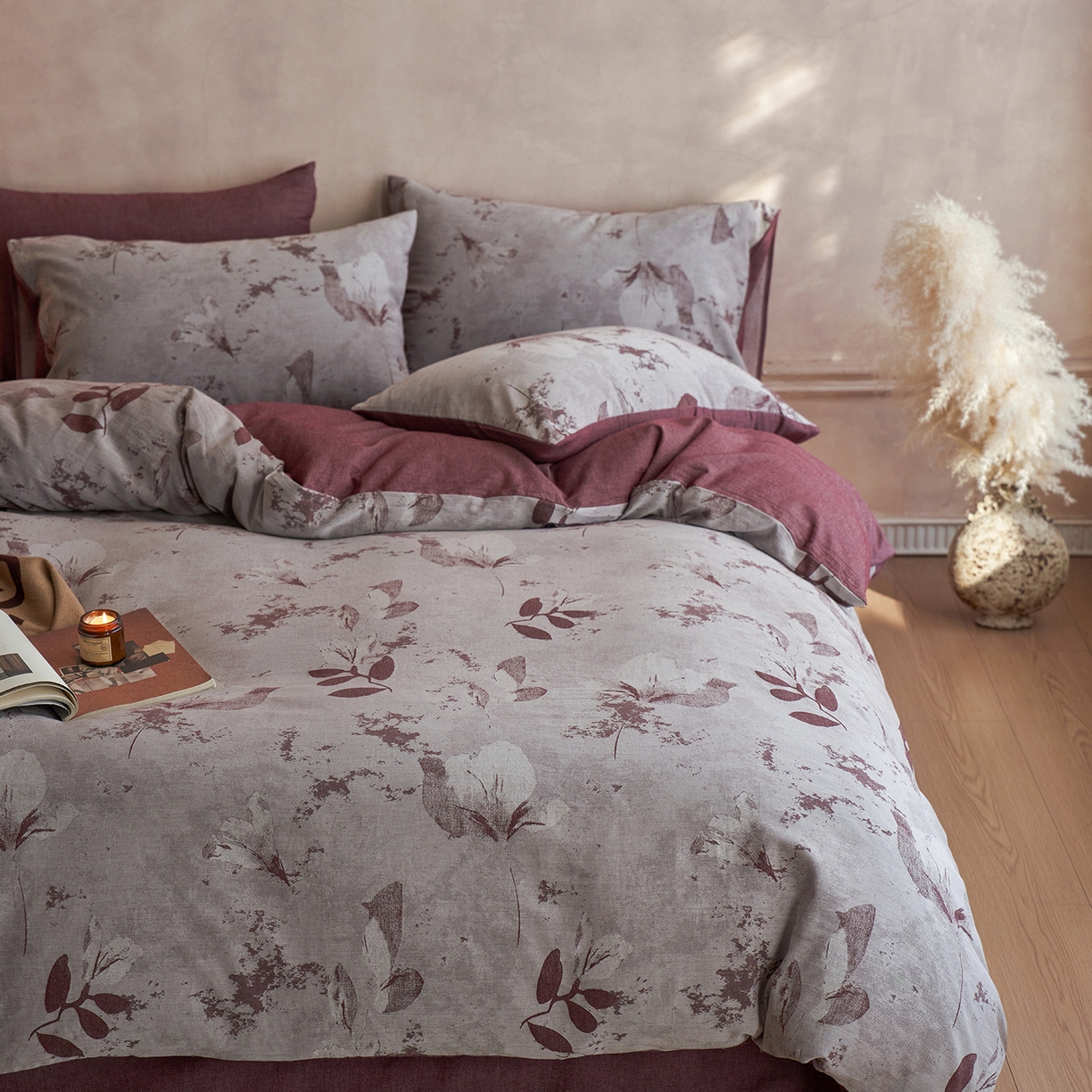 91家纺网 家纺一手货源 找家纺 清雅福 2025新款A类全棉水洗色织大提花四件套 青棠-红棕