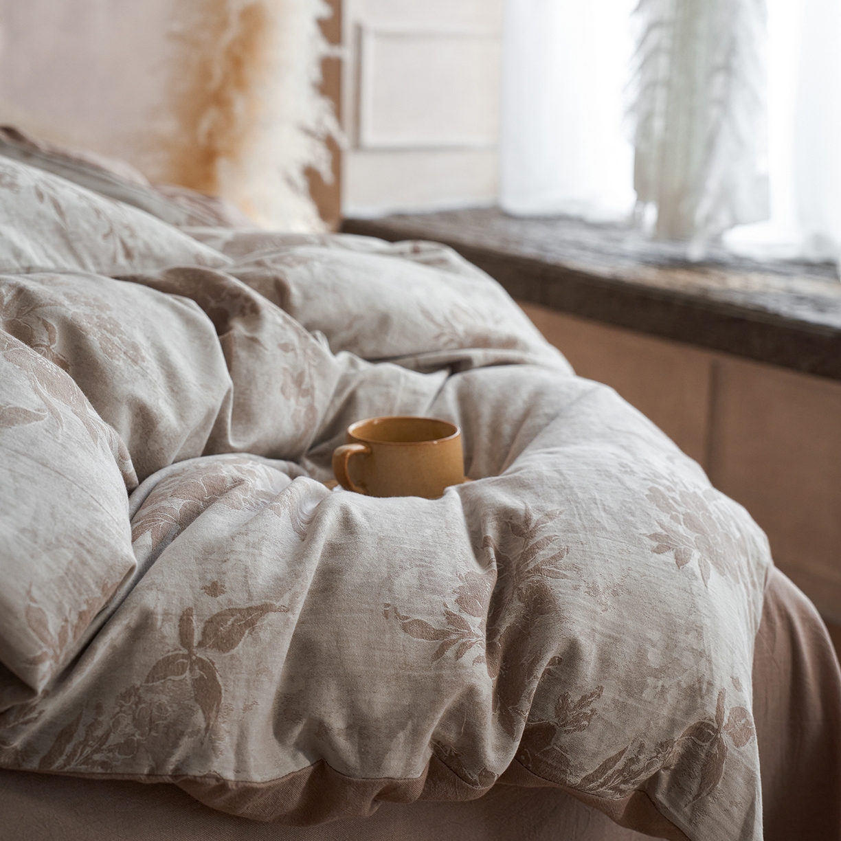 91家纺网 家纺一手货源 找家纺 清雅福 2025新款A类全棉水洗色织大提花四件套 日照繁花-桂圆