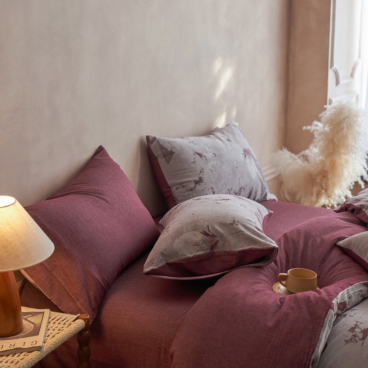 91家纺网 家纺一手货源 找家纺 清雅福 2025新款A类全棉水洗色织大提花四件套 青棠-红棕