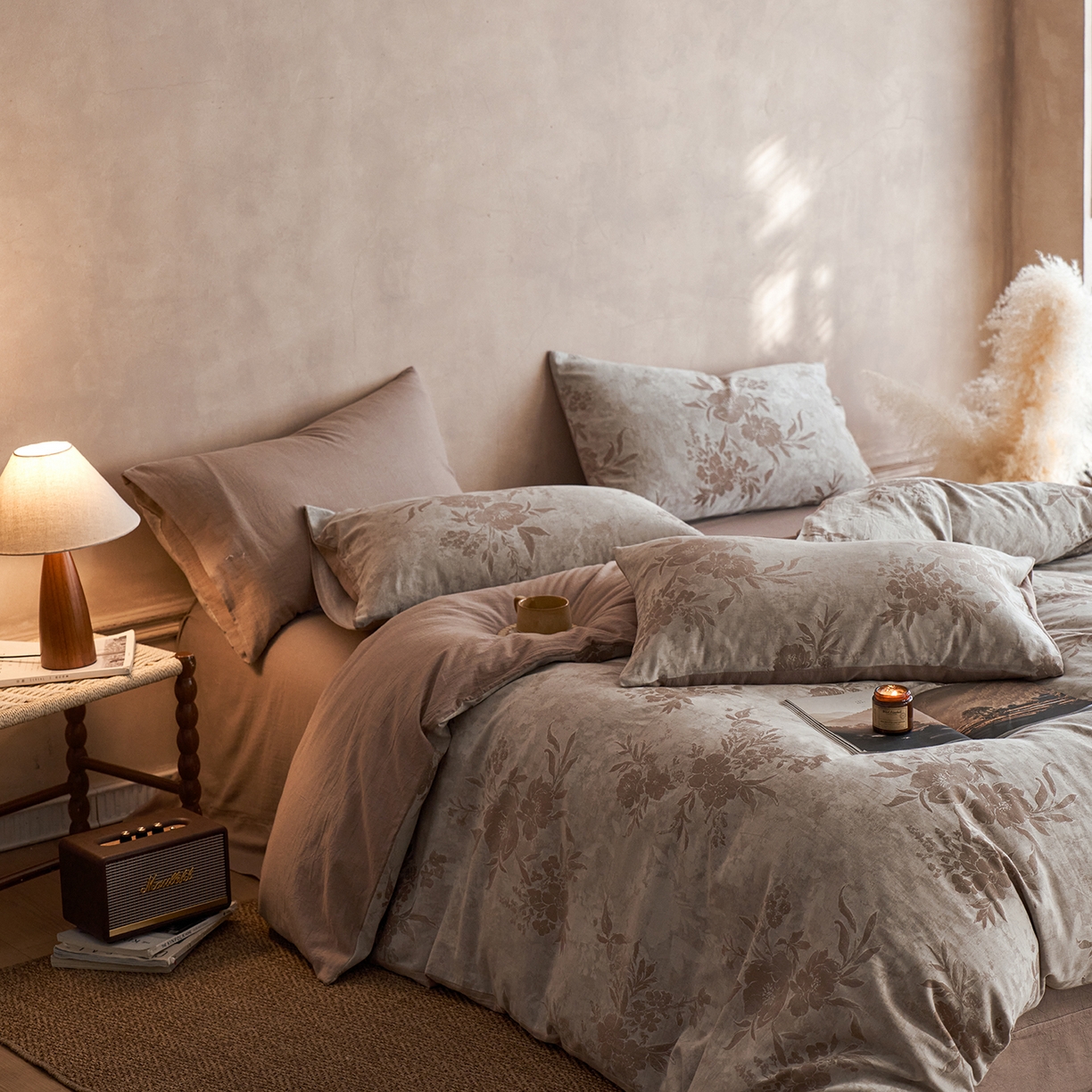 91家纺网 家纺一手货源 找家纺 清雅福 2025新款A类全棉水洗色织大提花四件套 日照繁花-桂圆