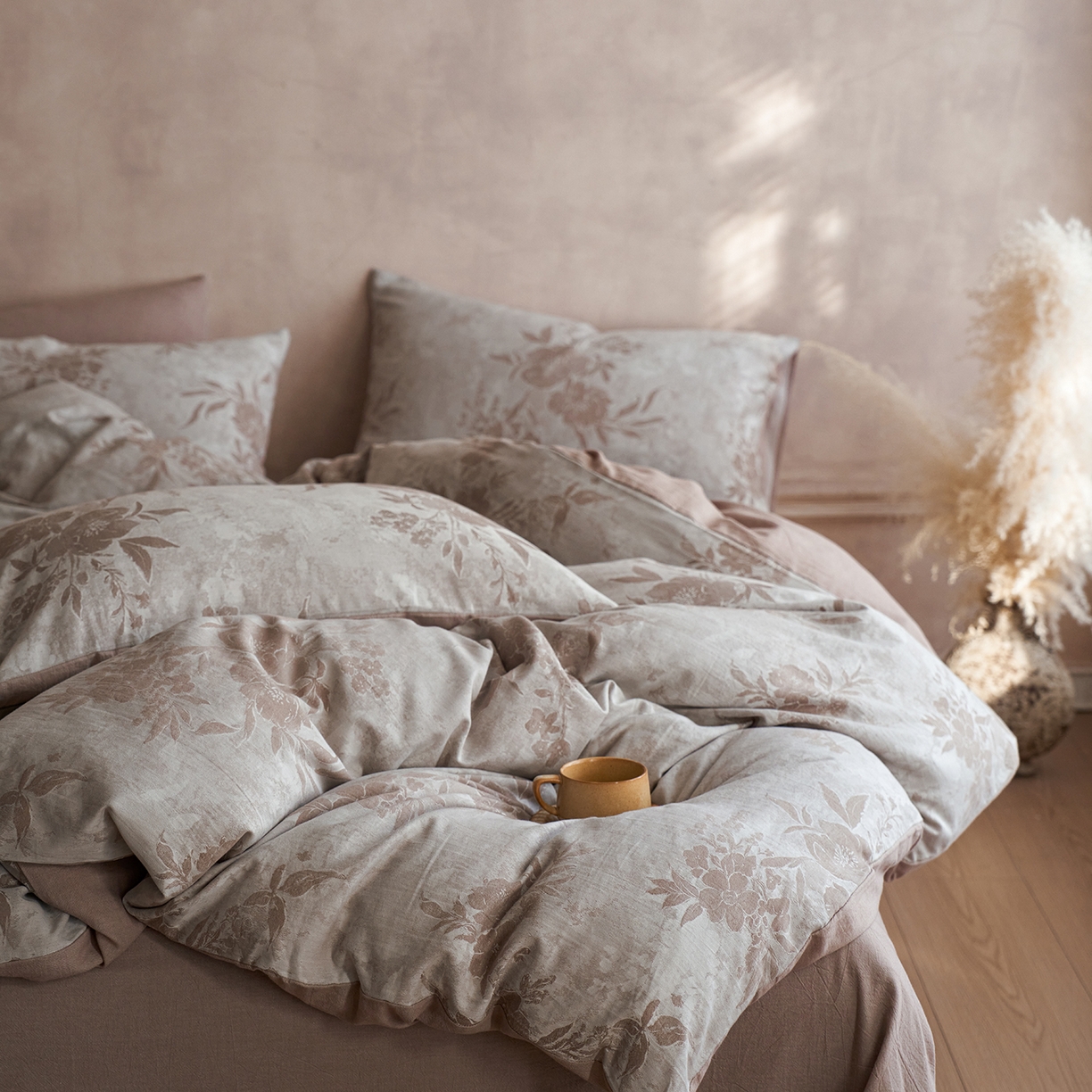 91家纺网 家纺一手货源 找家纺 清雅福 2025新款A类全棉水洗色织大提花四件套 日照繁花-桂圆