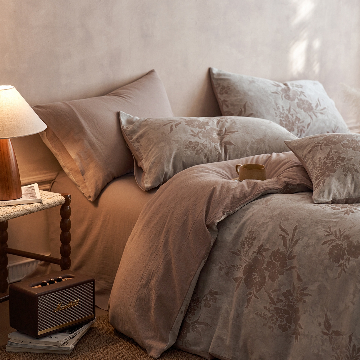 91家纺网 家纺一手货源 找家纺 清雅福 2025新款A类全棉水洗色织大提花四件套 日照繁花-桂圆