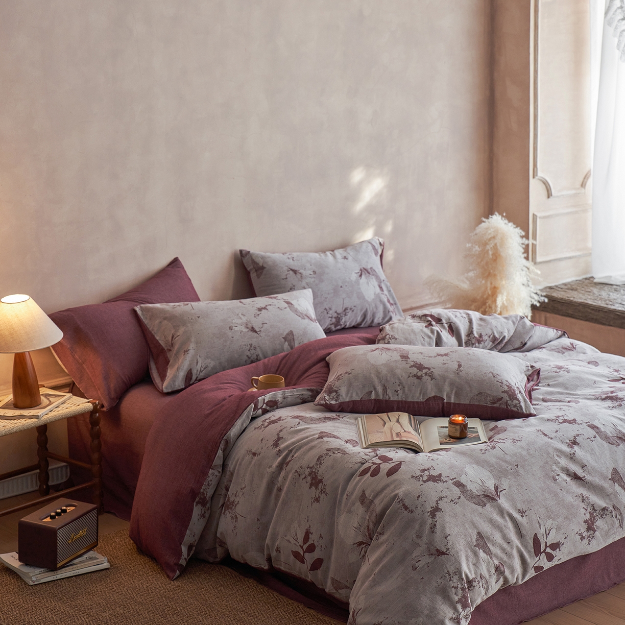 91家纺网 家纺一手货源 找家纺 清雅福 2025新款A类全棉水洗色织大提花四件套 青棠-红棕