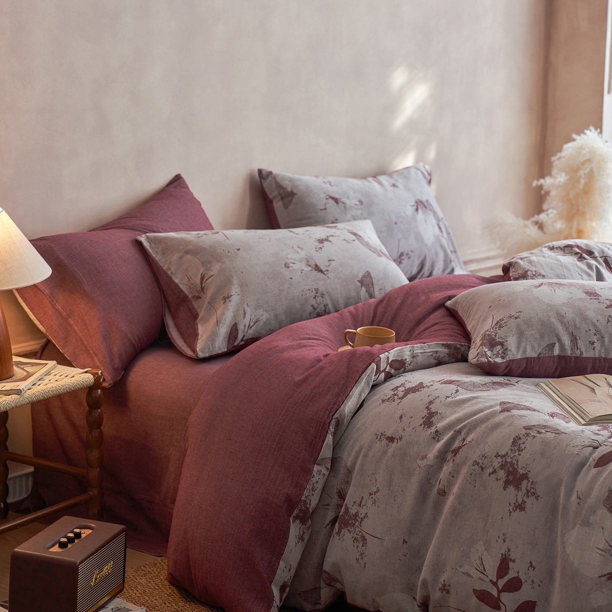 91家纺网 家纺一手货源 找家纺 清雅福 2025新款A类全棉水洗色织大提花四件套 青棠-红棕