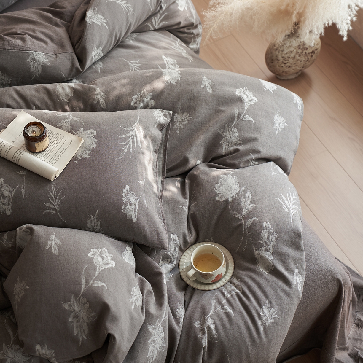 91家纺网 家纺一手货源 找家纺 清雅福 2025新款A类全棉水洗色织大提花四件套 薄雾玫瑰-灰咖