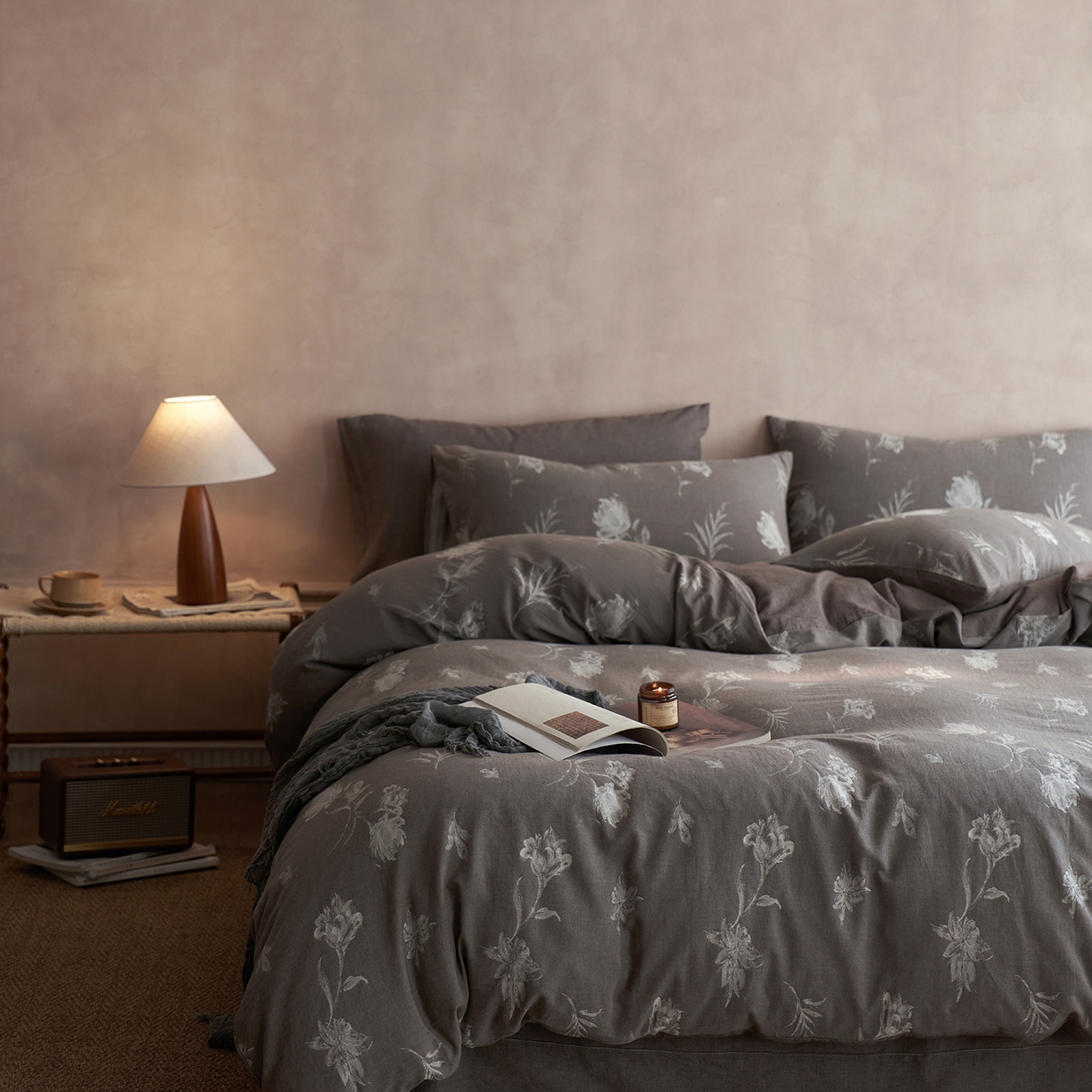 91家纺网 家纺一手货源 找家纺 清雅福 2025新款A类全棉水洗色织大提花四件套 薄雾玫瑰-灰咖