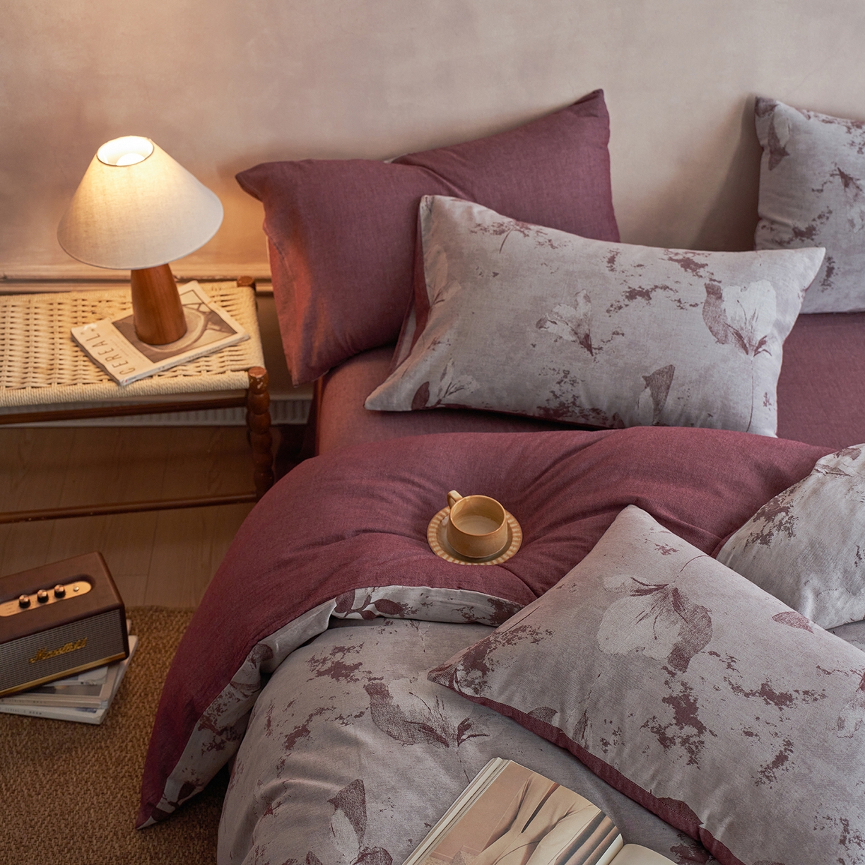 91家纺网 家纺一手货源 找家纺 清雅福 2025新款A类全棉水洗色织大提花四件套 青棠-红棕