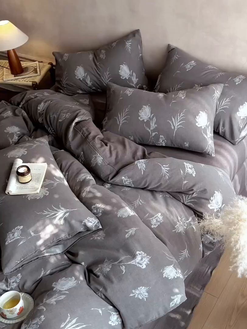 91家纺网 家纺一手货源 找家纺 清雅福 2025新款A类全棉水洗色织大提花四件套 薄雾玫瑰-灰咖