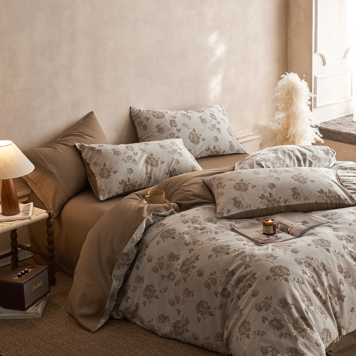 91家纺网 家纺一手货源 找家纺 清雅福 2025新款A类全棉水洗色织大提花四件套 花意间-茶咖