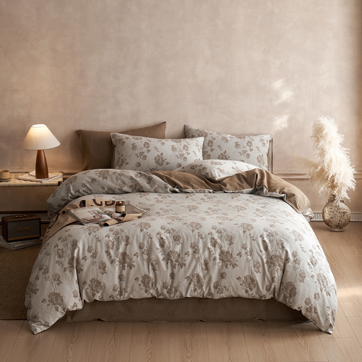 91家纺网 家纺一手货源 找家纺 清雅福 2025新款A类全棉水洗色织大提花四件套 花意间-茶咖