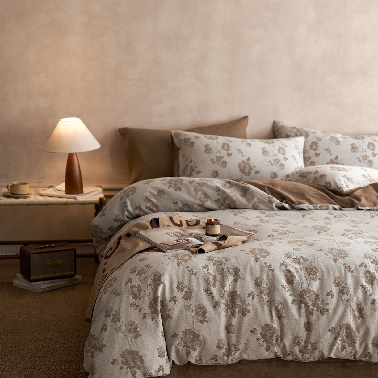 91家纺网 家纺一手货源 找家纺 清雅福 2025新款A类全棉水洗色织大提花四件套 花意间-茶咖