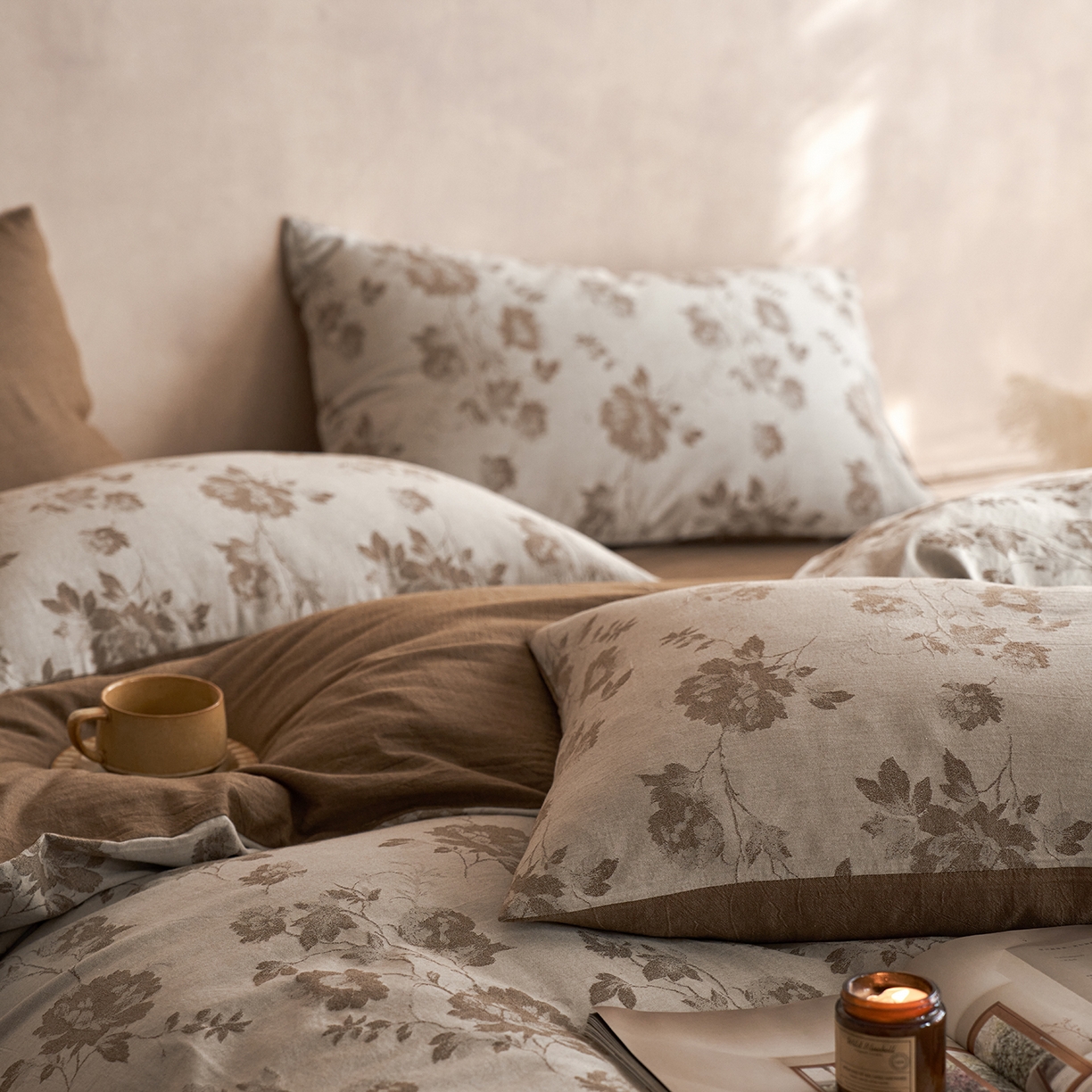 91家纺网 家纺一手货源 找家纺 清雅福 2025新款A类全棉水洗色织大提花四件套 花意间-茶咖