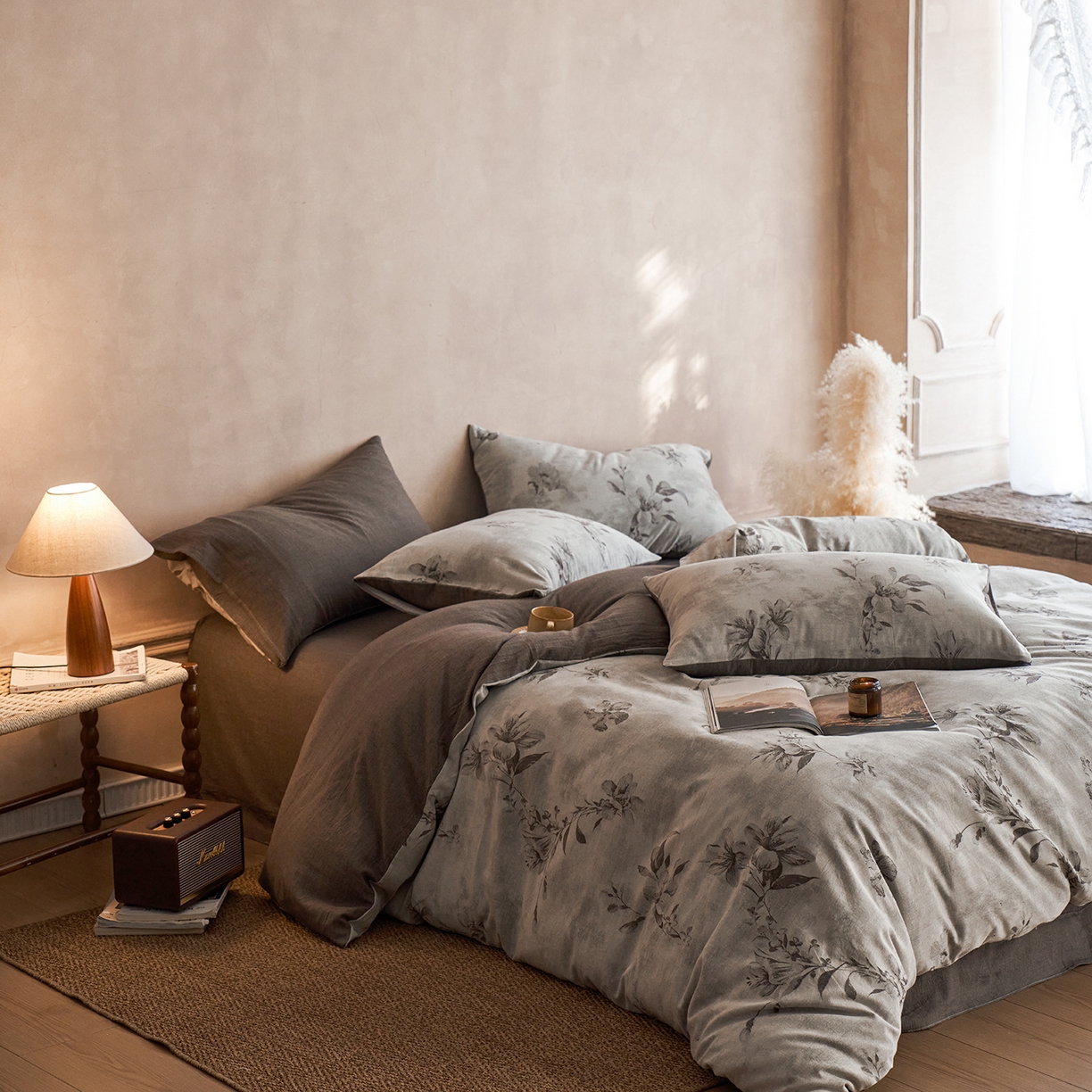 91家纺网 家纺一手货源 找家纺 清雅福 2025新款A类全棉水洗色织大提花四件套 紫丹-灰咖