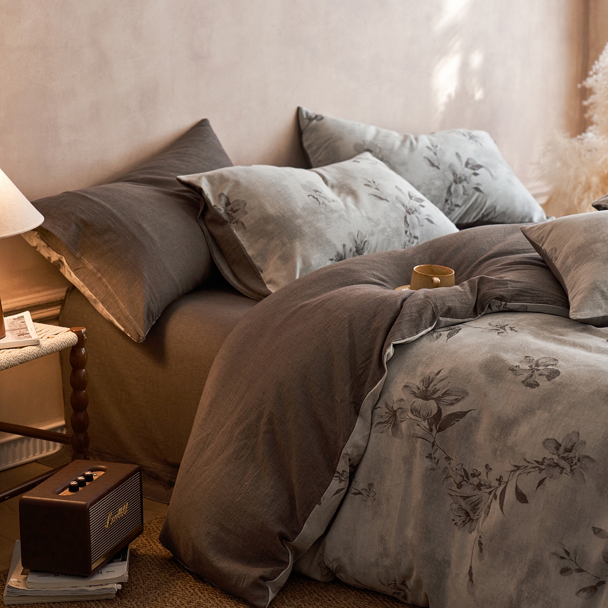 91家纺网 家纺一手货源 找家纺 清雅福 2025新款A类全棉水洗色织大提花四件套 紫丹-灰咖