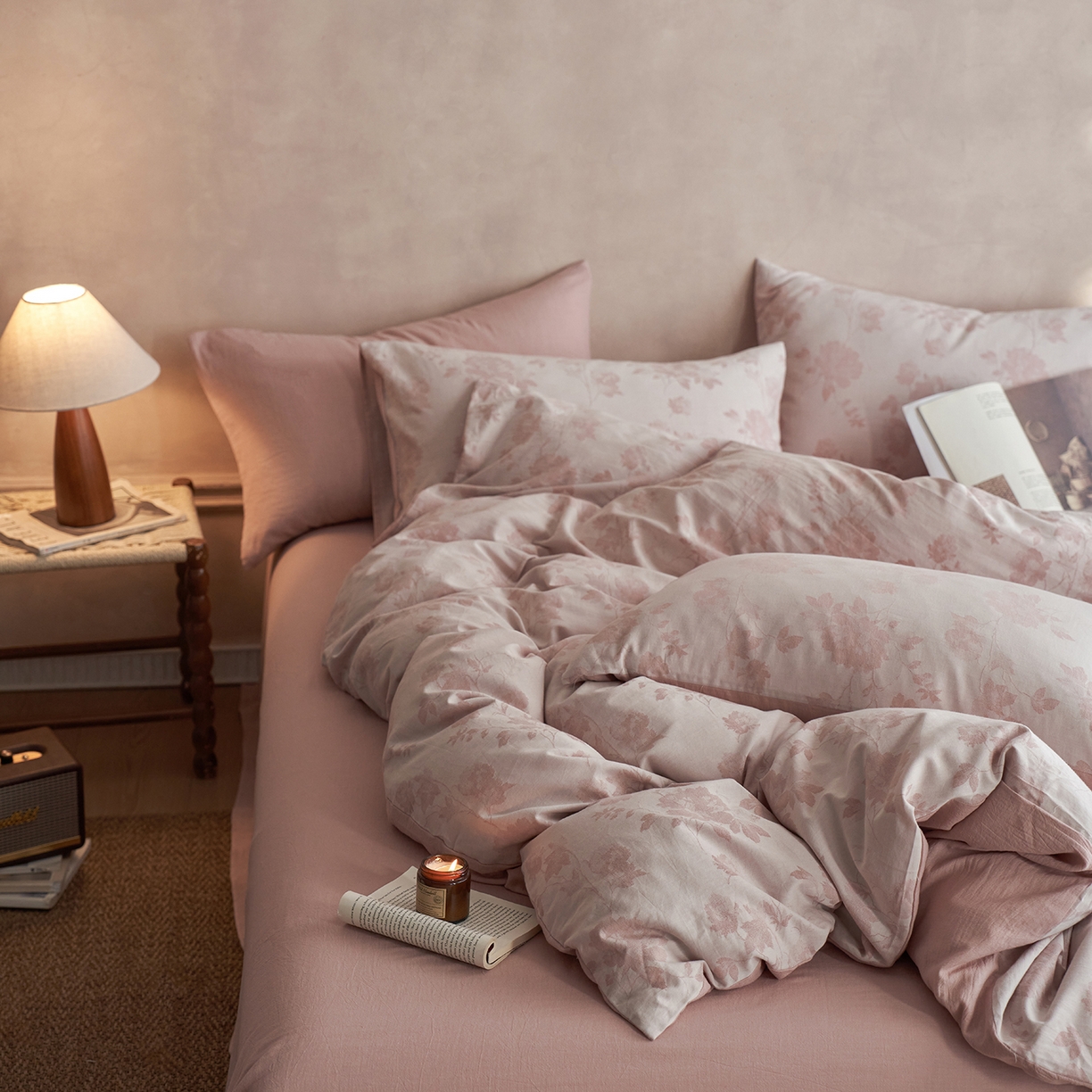 91家纺网 家纺一手货源 找家纺 清雅福 2025新款A类全棉水洗色织大提花四件套 花意间-暗粉