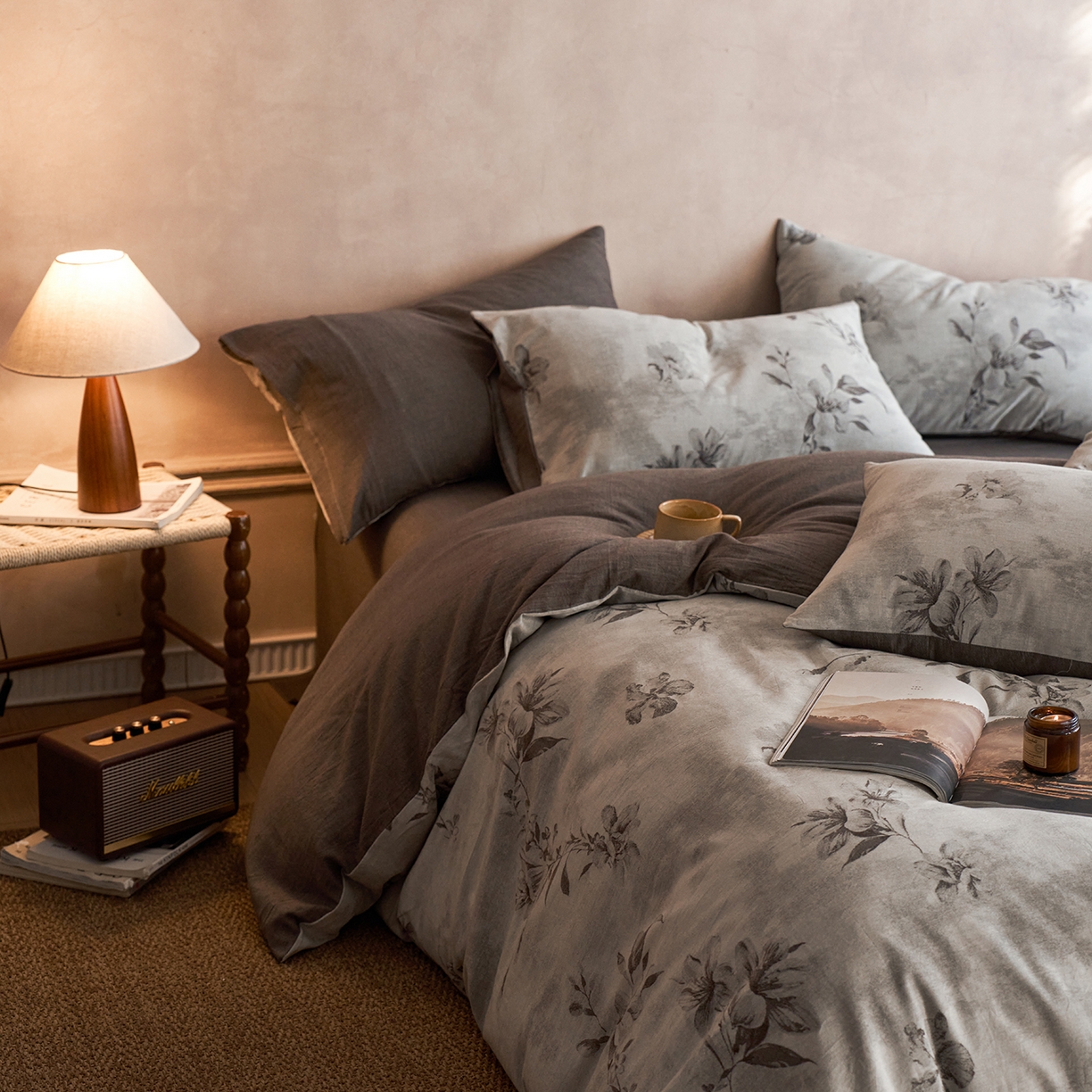 清雅福 2025新款A类全棉水洗色织大提花四件套 紫丹-灰咖