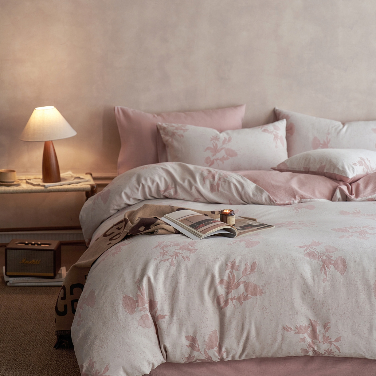 91家纺网 家纺一手货源 找家纺 清雅福 2025新款A类全棉水洗色织大提花四件套 格林特-暗粉