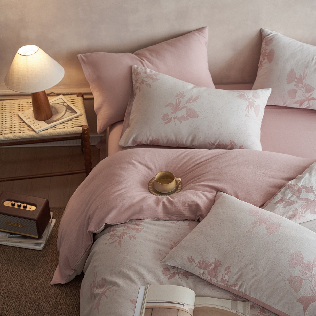 91家纺网 家纺一手货源 找家纺 清雅福 2025新款A类全棉水洗色织大提花四件套 格林特-暗粉