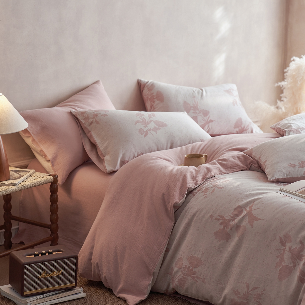 91家纺网 家纺一手货源 找家纺 清雅福 2025新款A类全棉水洗色织大提花四件套 格林特-暗粉