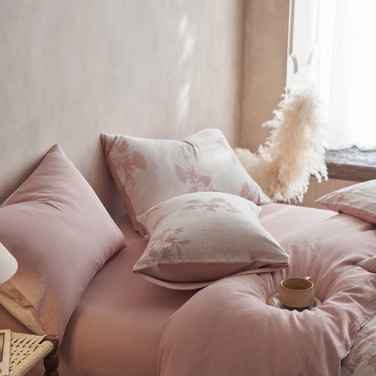 91家纺网 家纺一手货源 找家纺 清雅福 2025新款A类全棉水洗色织大提花四件套 格林特-暗粉