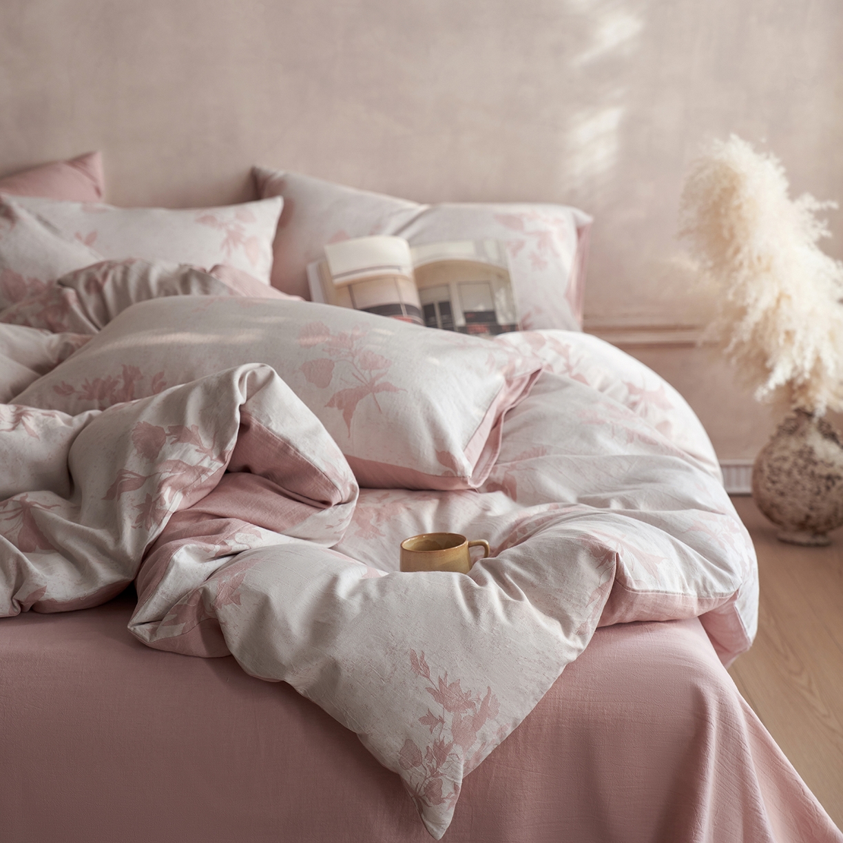 91家纺网 家纺一手货源 找家纺 清雅福 2025新款A类全棉水洗色织大提花四件套 格林特-暗粉