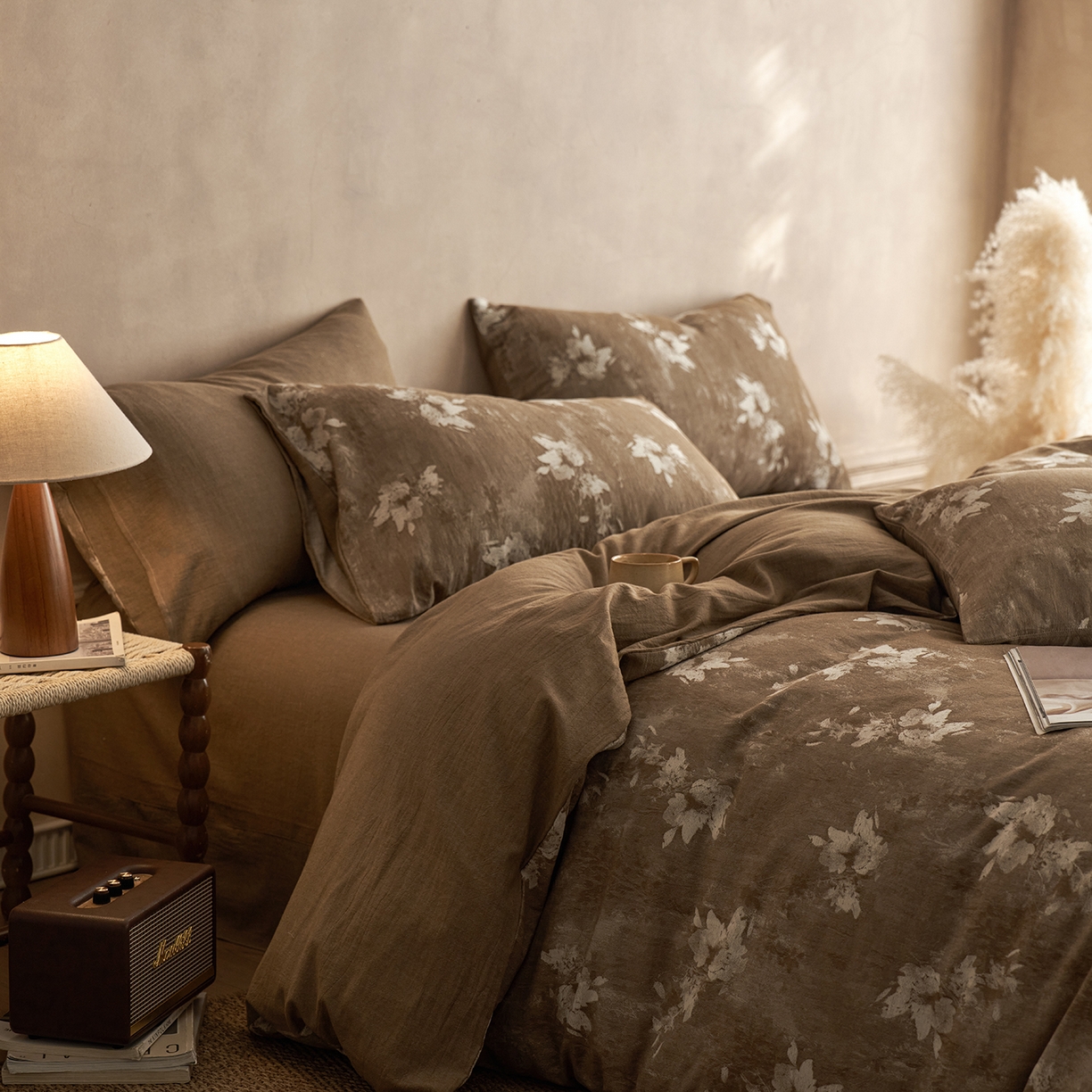 91家纺网 家纺一手货源 找家纺 清雅福 2025新款A类全棉水洗色织大提花四件套 繁花说-茶咖